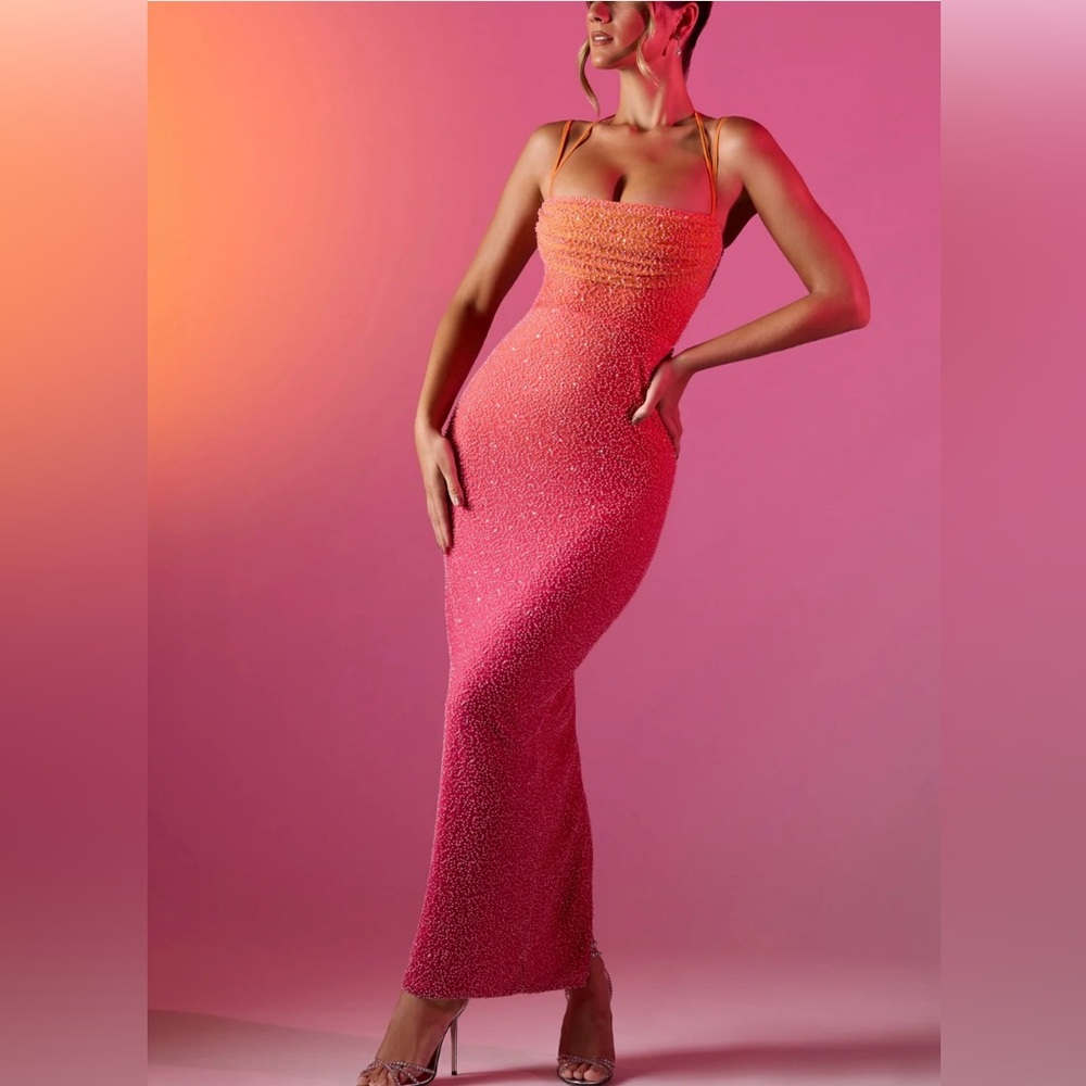 Oh Polly Monte Carlo Embellished/ Beaded Ombré Maxi Dress